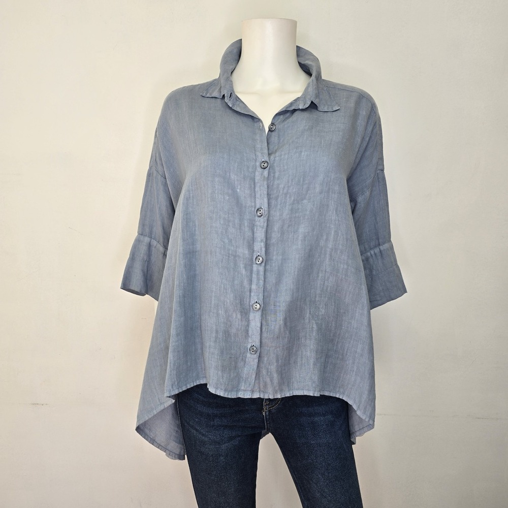 Grizas Shirt Size M Lagenlook Oversized 100% Linen Rounded Hem Short Sleeve Top
